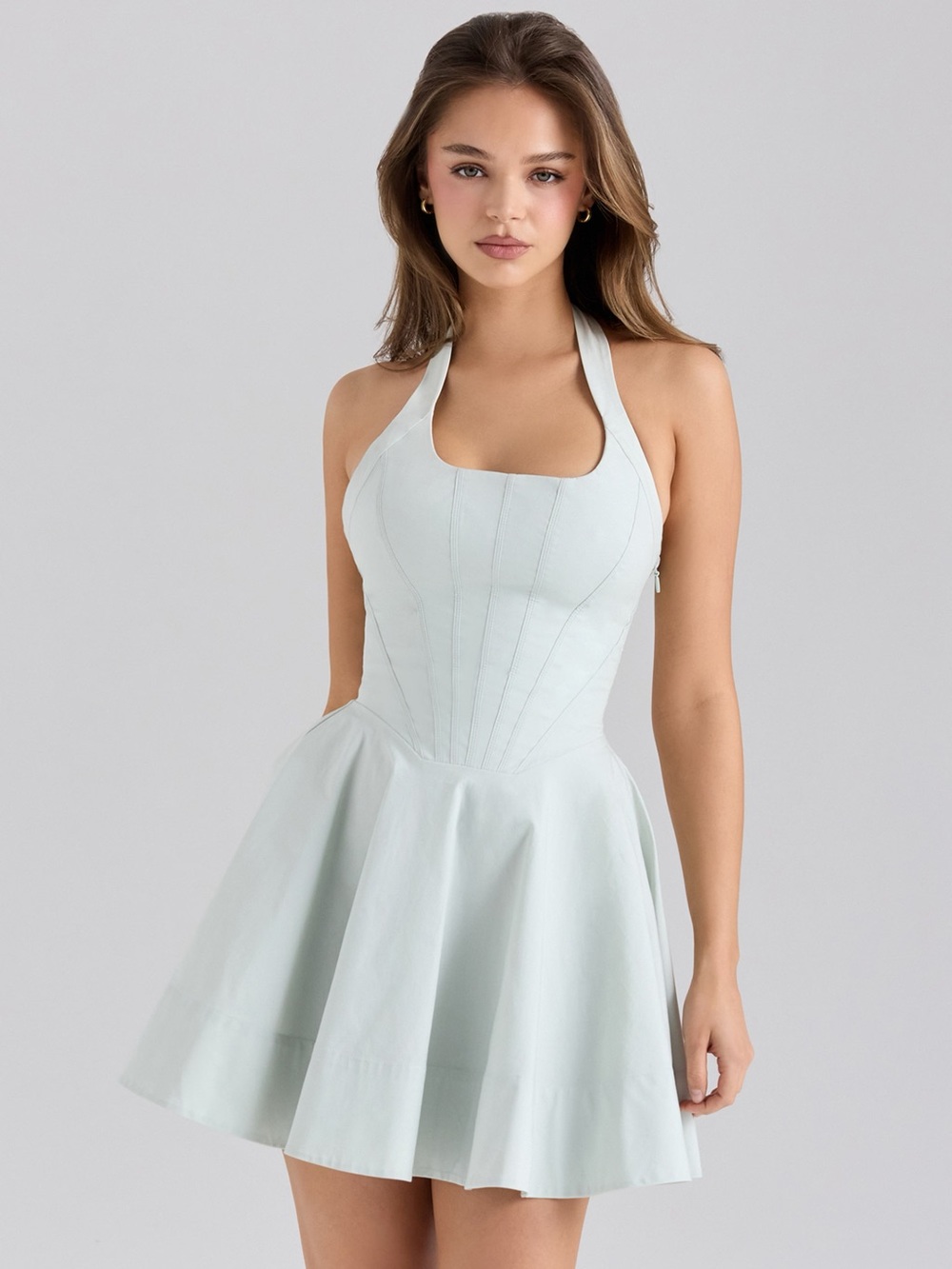House of CB Sasha Stretch Cotton Halter Neck Mini Dress in Pistachio